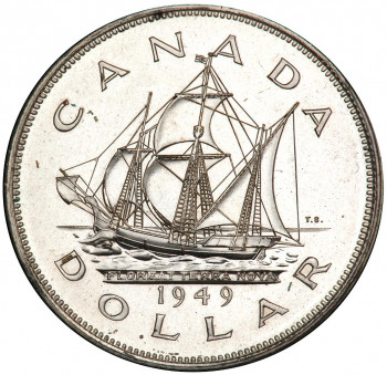 Coin, silver with a fully rigged but small sailing ship moving through the waves.