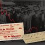 A welfare coupon and piece of stock ticker tape over a 1930s black and white photo of unemployed men gathering to protest.