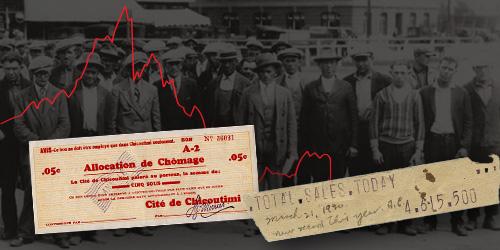 A welfare coupon and piece of stock ticker tape over a 1930s black and white photo of unemployed men gathering to protest.