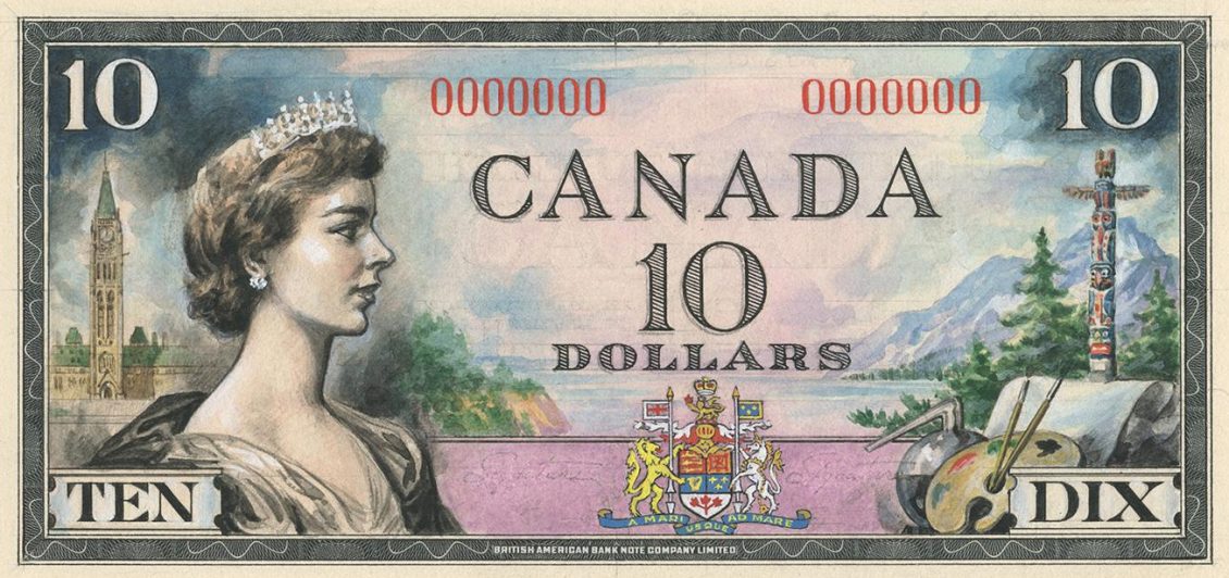 Colourful $20 design Bank note model, Queen Elizabeth II in a tiara and flanked by images of a government building and mountains.