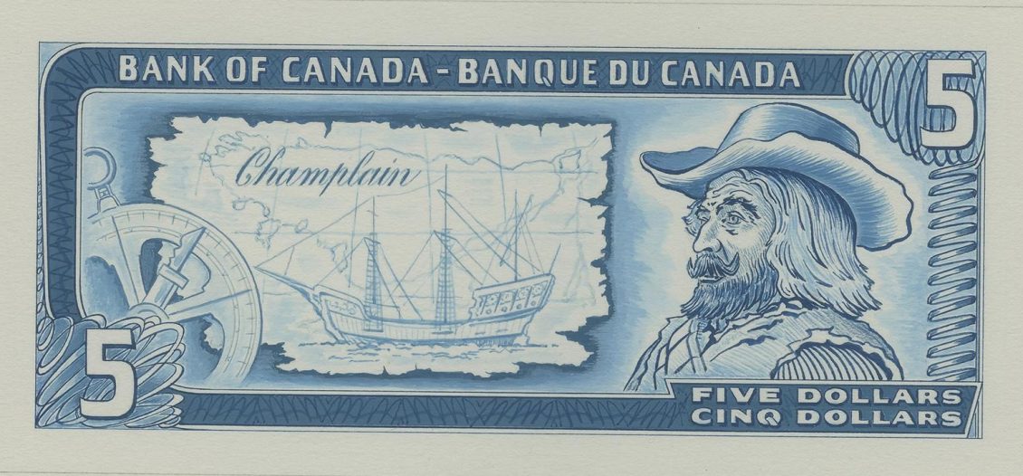 Bank note model, nautical themed, bearded man with long hair wearing a large-brimmed hat—Champlain.