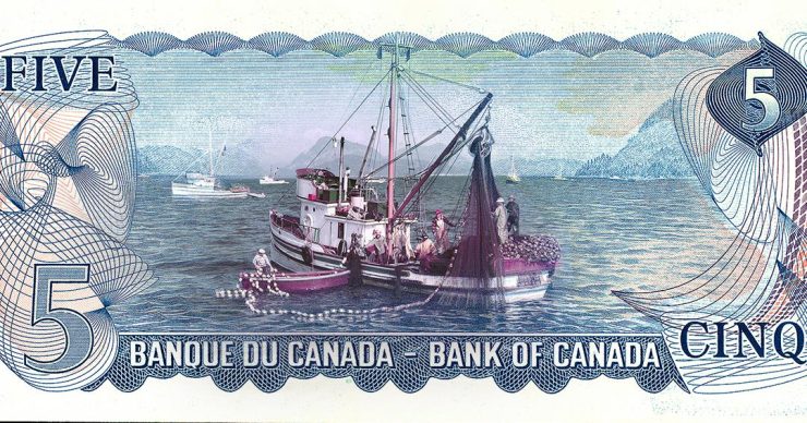 Bank note, seascape with mountains, fishing boat pulling a net from the water.