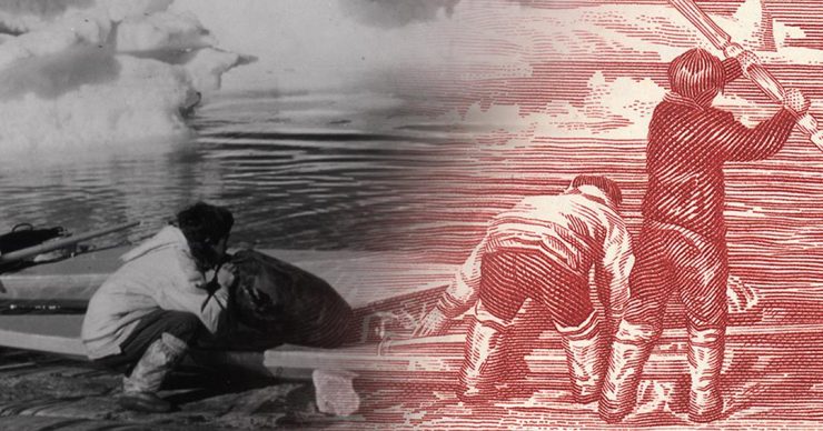 Bank note image, a group of men preparing a small boat, an umiak, in an arctic landscape.