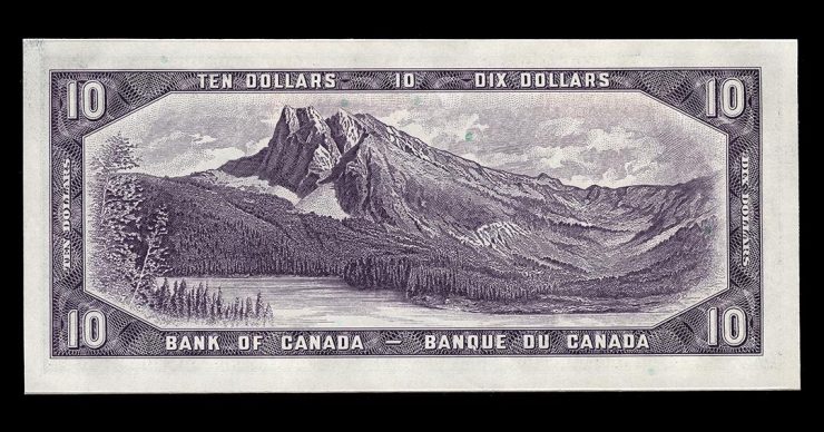 Bank note, purple, large engraving of mountain rising behind a lake and forest.