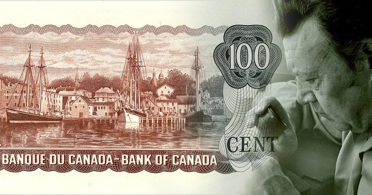 Bank note, a harbour with tall sailing ships in port, colour fading from red to brown.