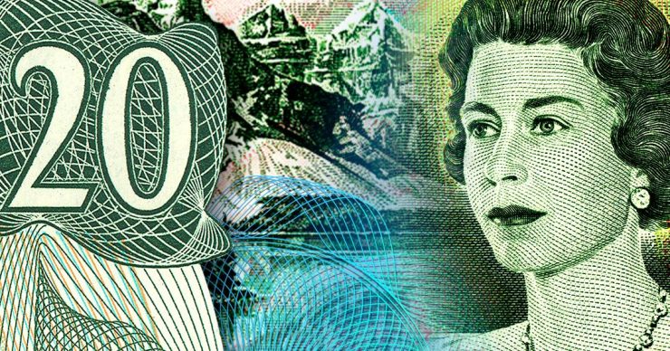 Bank note, green, 2 sides, middle aged woman with a necklace, a ring of mountains and a lake.