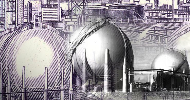 Bank note showing a petroleum plant overlaying a photograph of same plant.