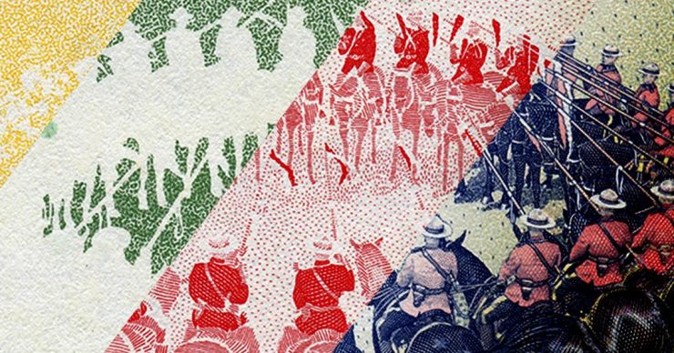 Collage, different coloured sections of image of a ring of mounted police.