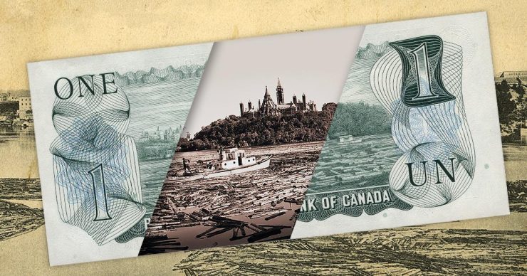 Collage, bank note, scene of logs on a river, superimposed with real photograph of same.