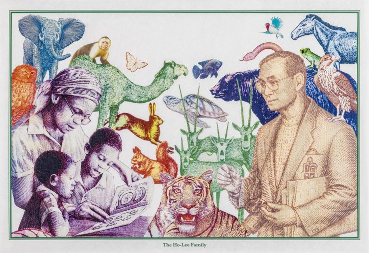 Print, collage, bank note images, a woman and 2 children and a man all in front of assorted wild animals.