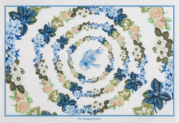 Print, collage, bank note images, 4 concentric rings of flowers with a floating astronaut at their centres.