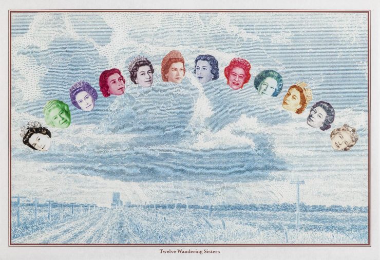 Print, collage of bank note images, a prairie landscape with 12 heads of Queen Elizabeth in an arc in the sky.