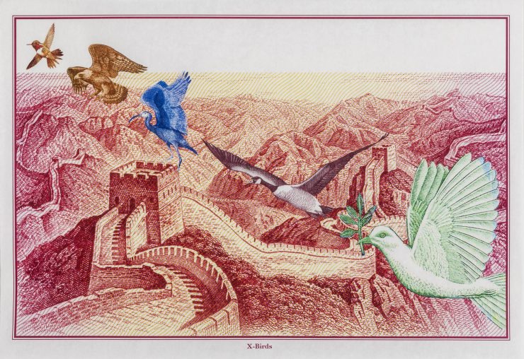 Print, collage, bank note images, 5 birds of different species flying high over a wall snaking through a mountain landscape.