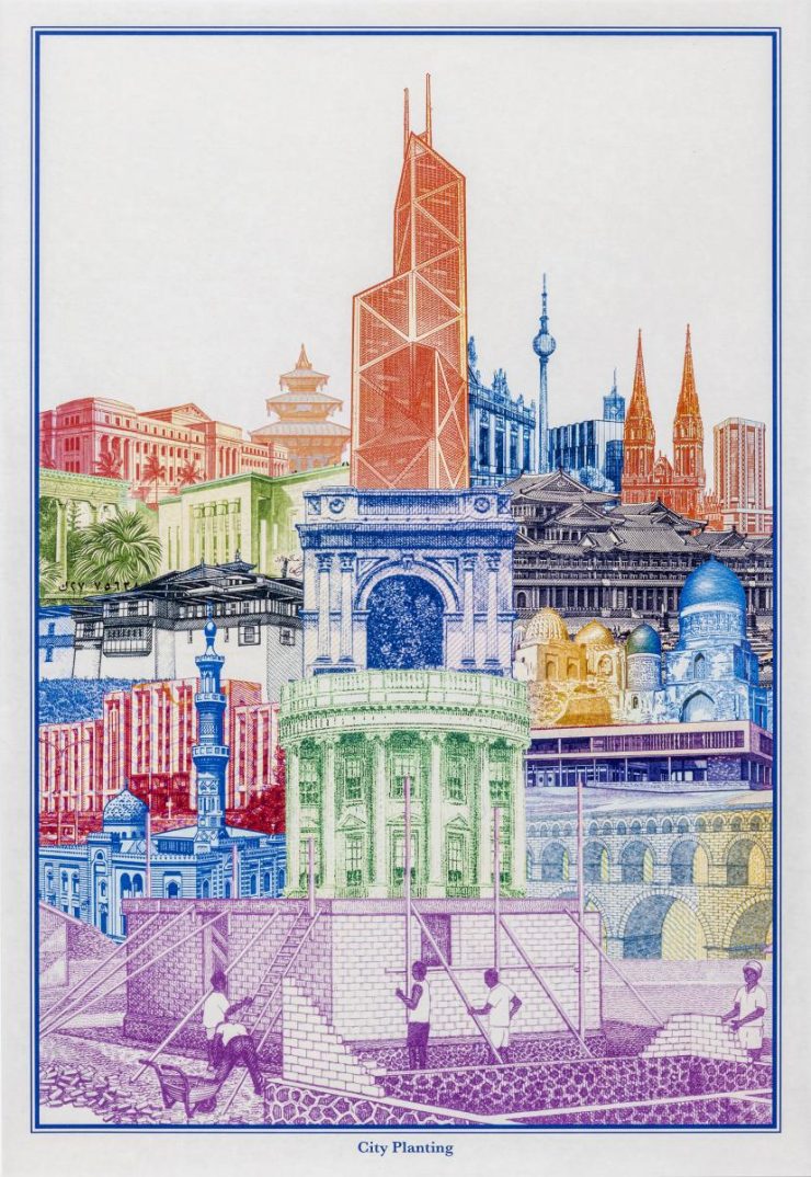 Print, collage, bank note images, monumental buildings stacked upon the foundation of a house being built by hand.