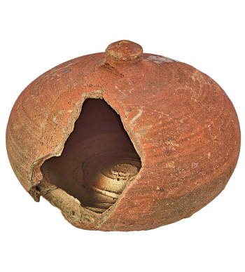 Broken clay jar Clay jar, oval, with a knob on top and a ragged hole in the side.