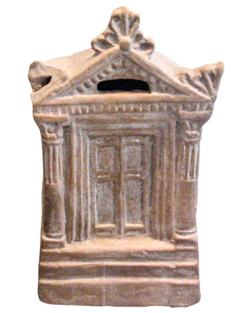 Clay model of a temple building with columns and a horizontal slot under the roof peak.