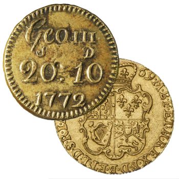 Gold coin and matching weight A coin-shaped bronze weight, with script and date, overlapping a coin, round, gold, with a coat of arms topped with a crown.