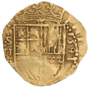 Gold coin Coin, gold, roughly made, irregularly round with a coat of arms stamped on it.