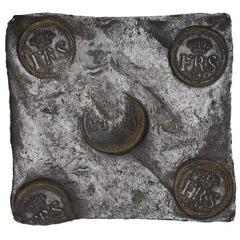 Square coin Copper plate, roughly square with round crests impressed into the metal at each corner and the middle.