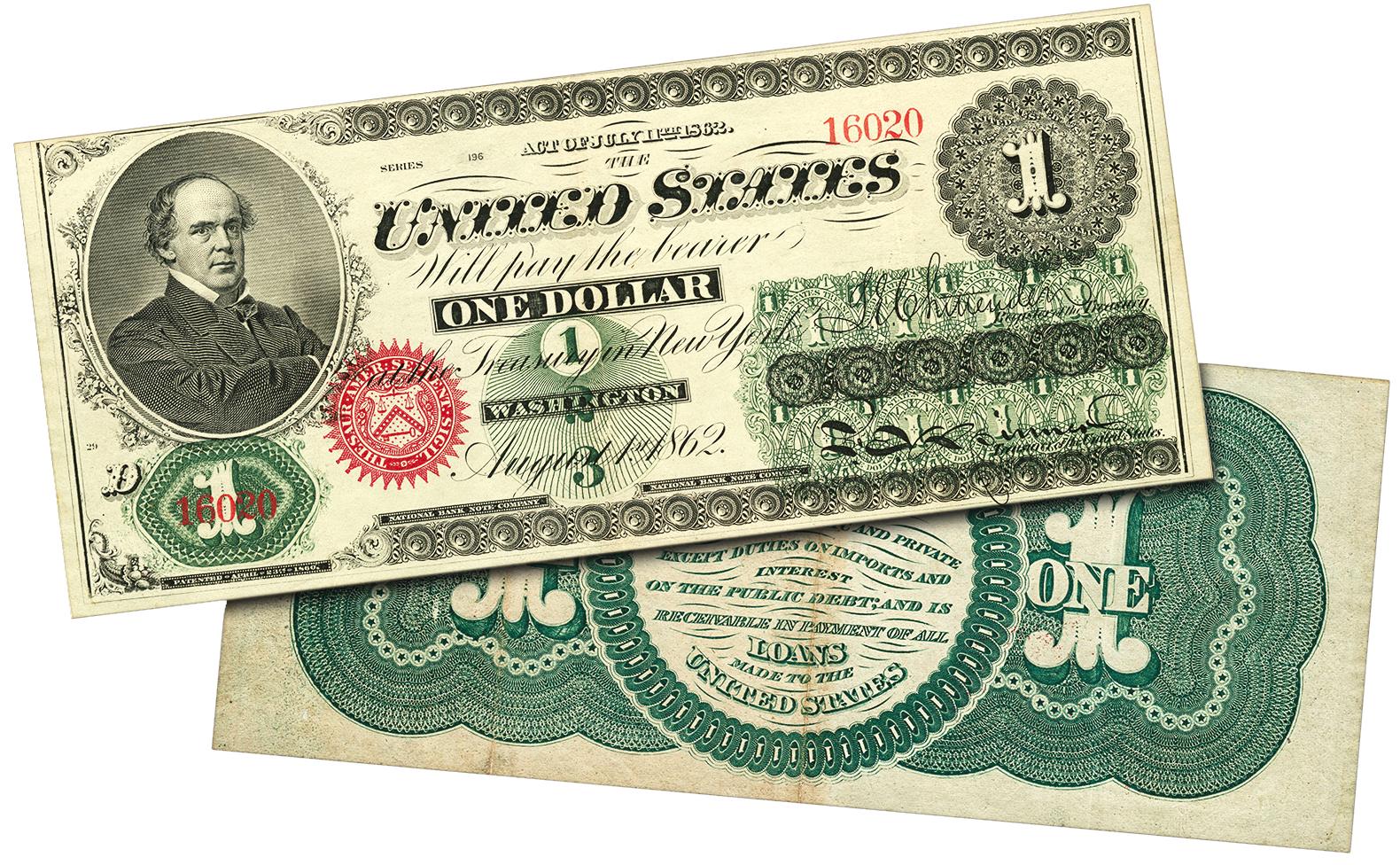 Greenback notes Bank note with black ink on front with serious man in a suit and elaborate geometric patterns in green on back.