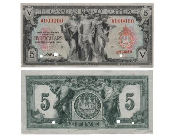 Old commercial bank note Bank note, old, three robed figures, one holding a pencil, one an airplane and one a staff with a snake curling up it.