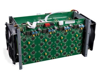 Cryptocurrency computer Computer, green circuit boards enclosed by two fans.