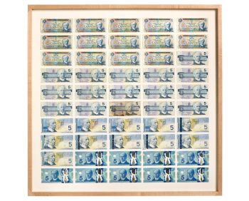 Free Ride by Frank Shebageget Artwork, framed in light wood, 50 Canadian $5 bills in a grid.