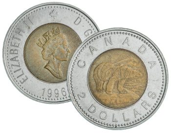 Coin, a gold-coloured centre with a crowned queen in profile, a silver-coloured rim with beads along the edge, the back the same but with a bear.