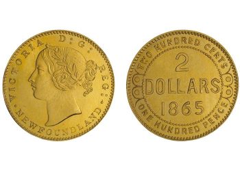 Coin, gold, one side a profile of a young woman with a wreath in her hair, the other just numbers and block capital letters.