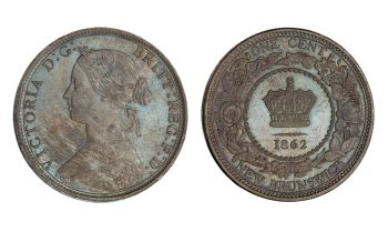 Coin, copper, one side a profile of a young woman with a wreath in her hair, the other a crown with a floral wreath around it.