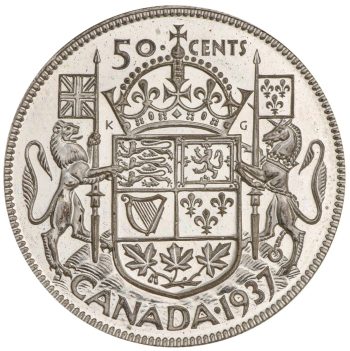 Coin, silver, a coat of arms in five sections with a lion and a unicorn standing on either side holding flags.