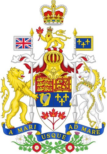 A coat of arms, a lion and a unicorn standing on either side holding flags, a ribbon with Latin along the bottom, and a crown above all.