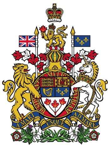 Coat of arms, a lion and a unicorn on either side, a crown over all, a ribbon with Latin along the bottom and a circle with Latin behind the shield.