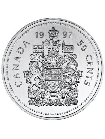 Coin, silver, a coat of arms in 5 sections, a lion and a unicorn standing on either side holding flags, and a ribbon with Latin along the bottom.