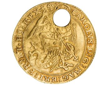 Coin, gold, roughly made, winged warrior, the archangel Michael, running a spear through a serpent: St. Michael.