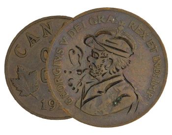 Coin, copper, a profile of a man in a hat with a beard and a smoking pipe in place of the monarch.