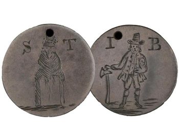 Coin, copper, smoothed, man holding an axe, woman in shawl and wide dress on back.
