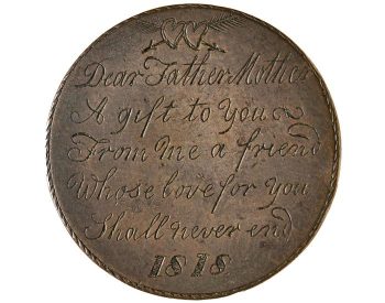 Coin, copper, 5 lines of engraved words resembling handwriting.