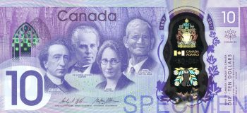 10-dollar note Canada 150 Bank note, purple, three men and one woman, dressed in formal attire, clear area with a coat of arms and stylized owl in metallic material.