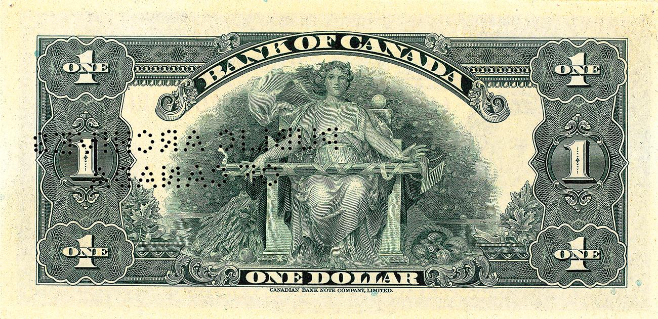 Bank note, green, ornate engraved border, seated female figure with a rake and hoe across her lap.
