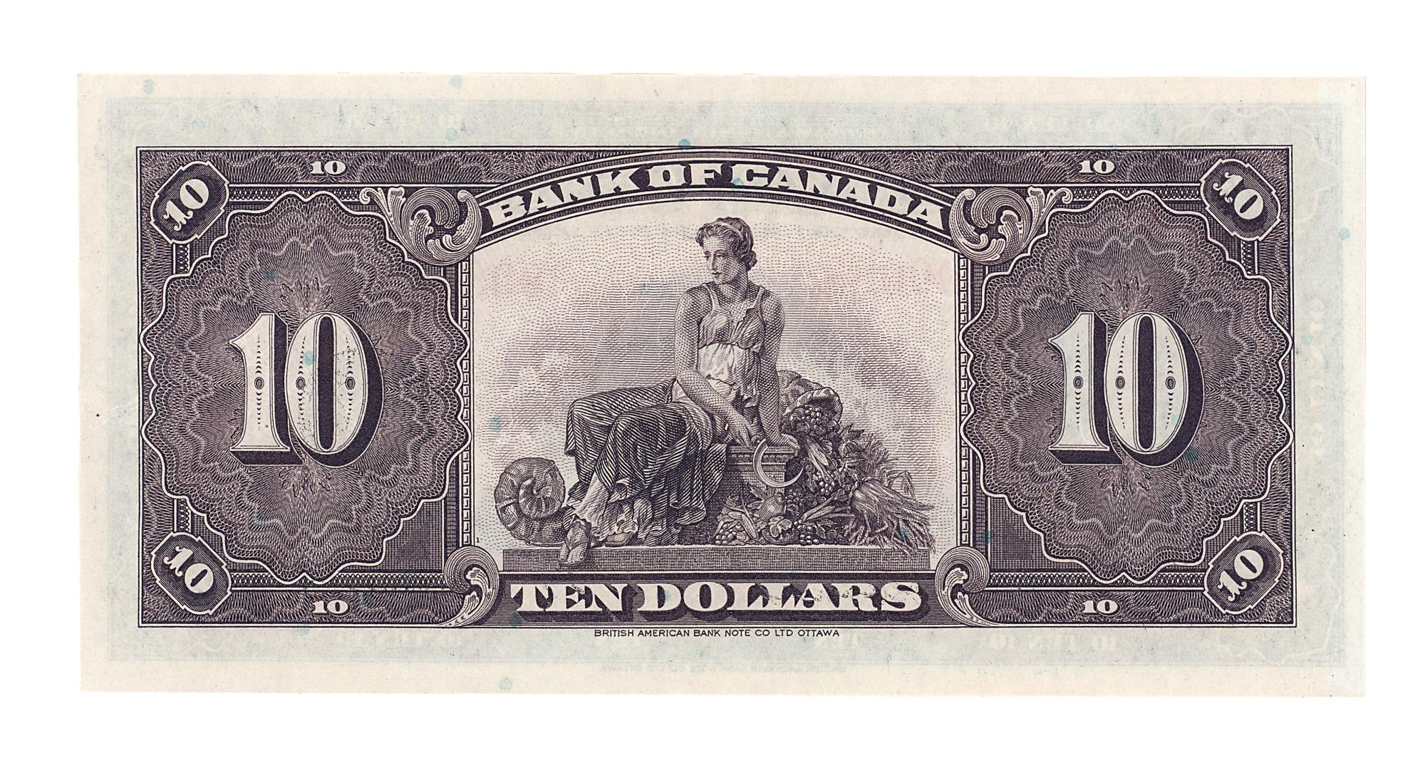 Bank note, purple, ornate engraved border, seated female figure holding a scythe.