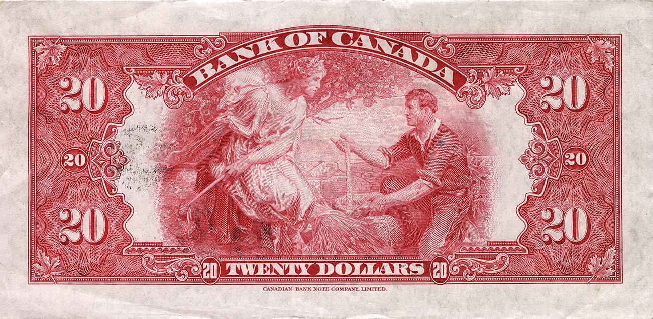 Bank note, pink, ornate engraved border, kneeling man presenting grain to woman wearing a long robe.