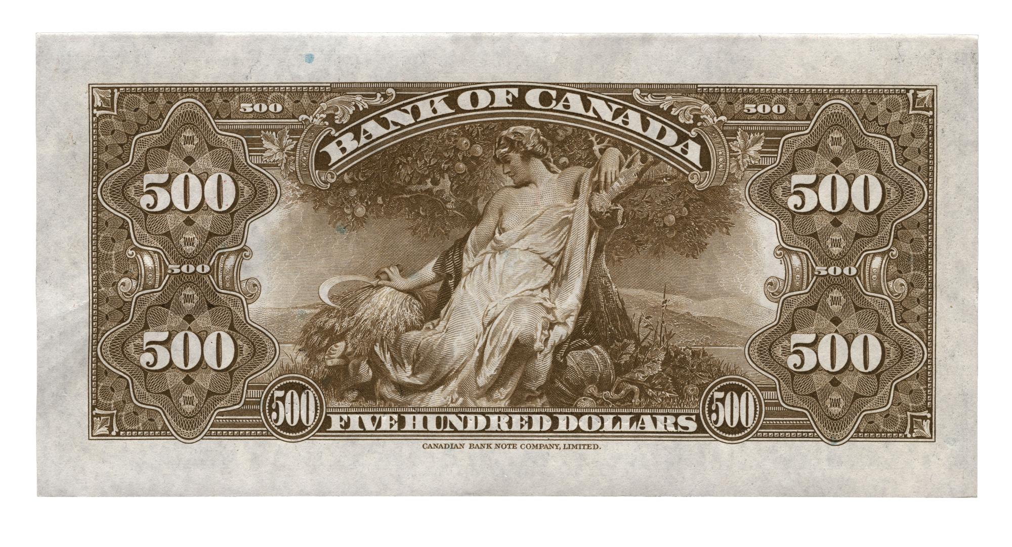 Bank note, olive green, ornate engraved border, robed woman with a scythe sitting among harvest vegetables under a tree.