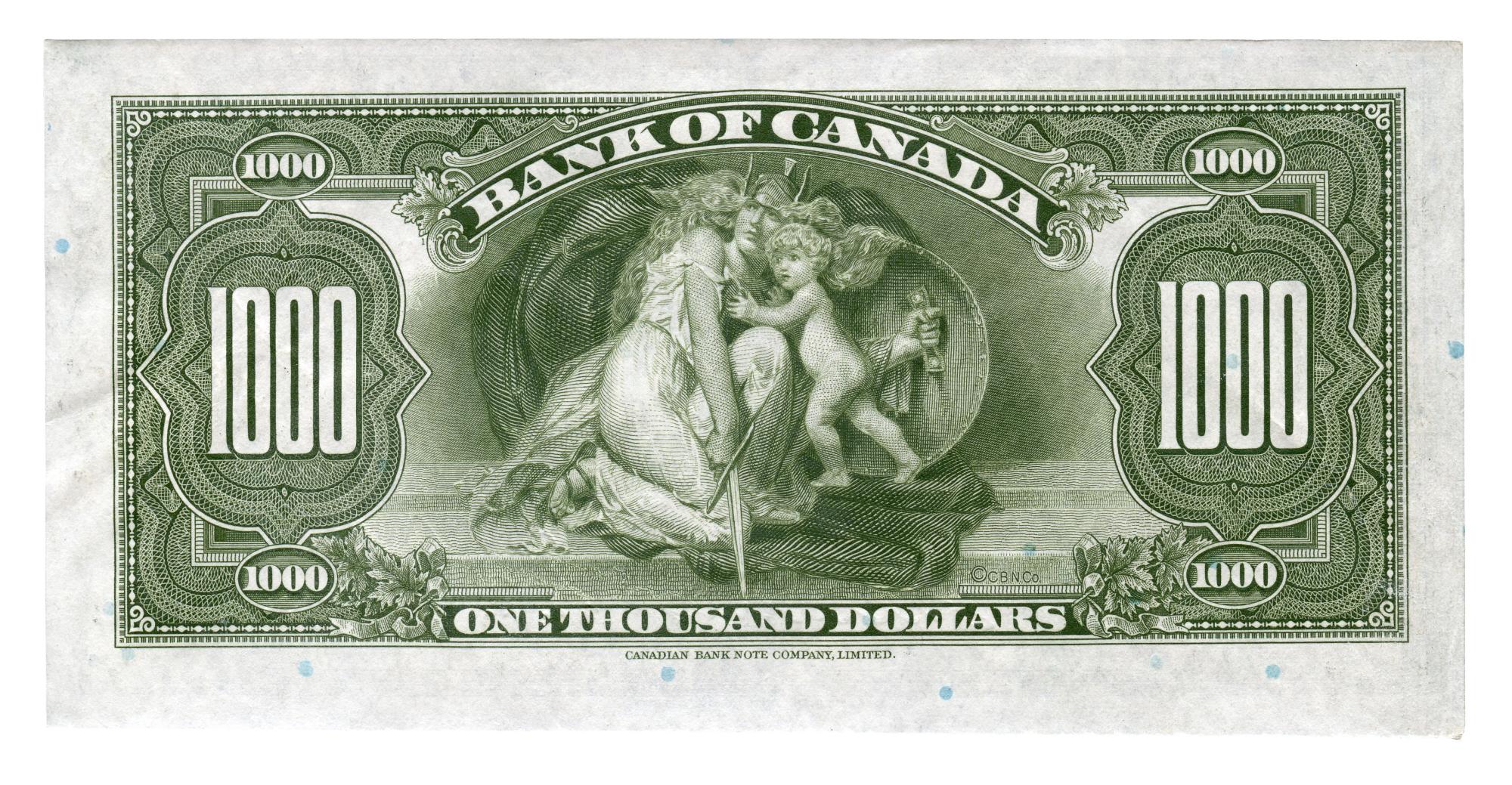 Bank note, grey, ornate engraved border, robed woman holding a sword and shield and protecting a small child.