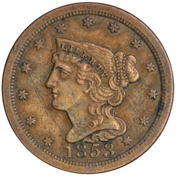 Copper half cent coin Coin, brown, portrait of a woman facing left, wearing a coronet, hair in a bun, ring of stars around the portrait.