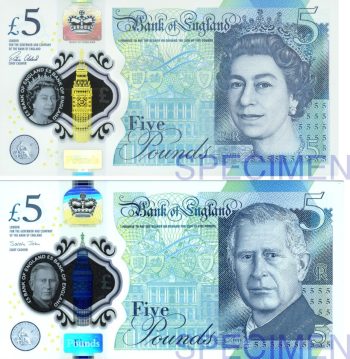 Pair of 5-pound notes Two bank notes, blue, similar appearance, top note has a portrait of a woman wearing a crown, bottom note has a portrait of a man.