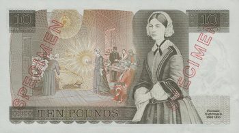Specimen 10-pound note Bank note, brown, full-length portrait of a woman standing with hands clasped facing forward in a long dress.