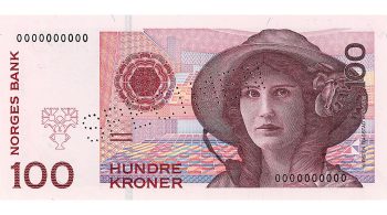Specimen 100-kroner note Bank note, red and pink, portrait of a woman with long hair facing forward in a wide-brimmed hat.
