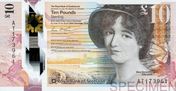 10-pound note Bank note, red and orange, portrait of a woman wearing a bonnet with hair styled up.