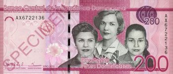 200-peso dominicanos note Bank note, pink, side-by-side portraits of three women, facing forward, smiling.